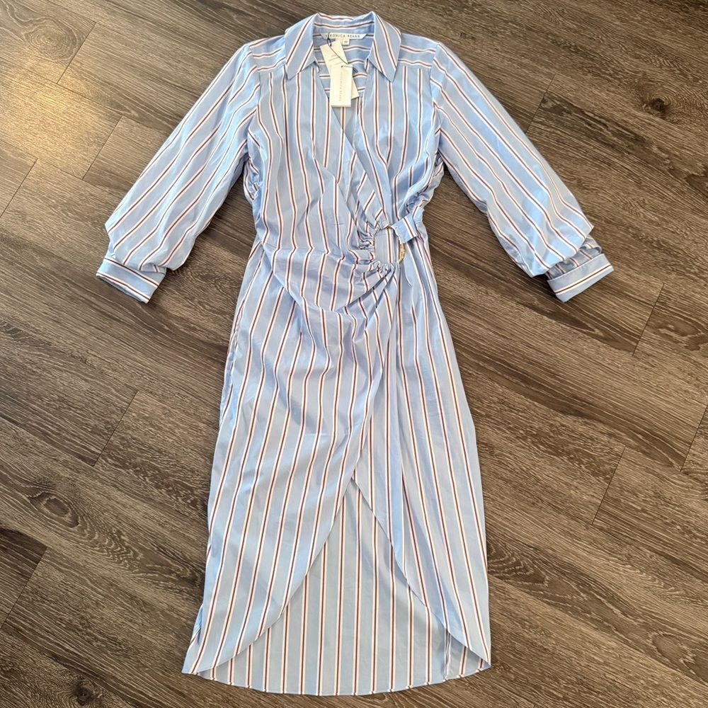 Veronica Beard Light Blue, White & Red Striped Wrap Midi Dress